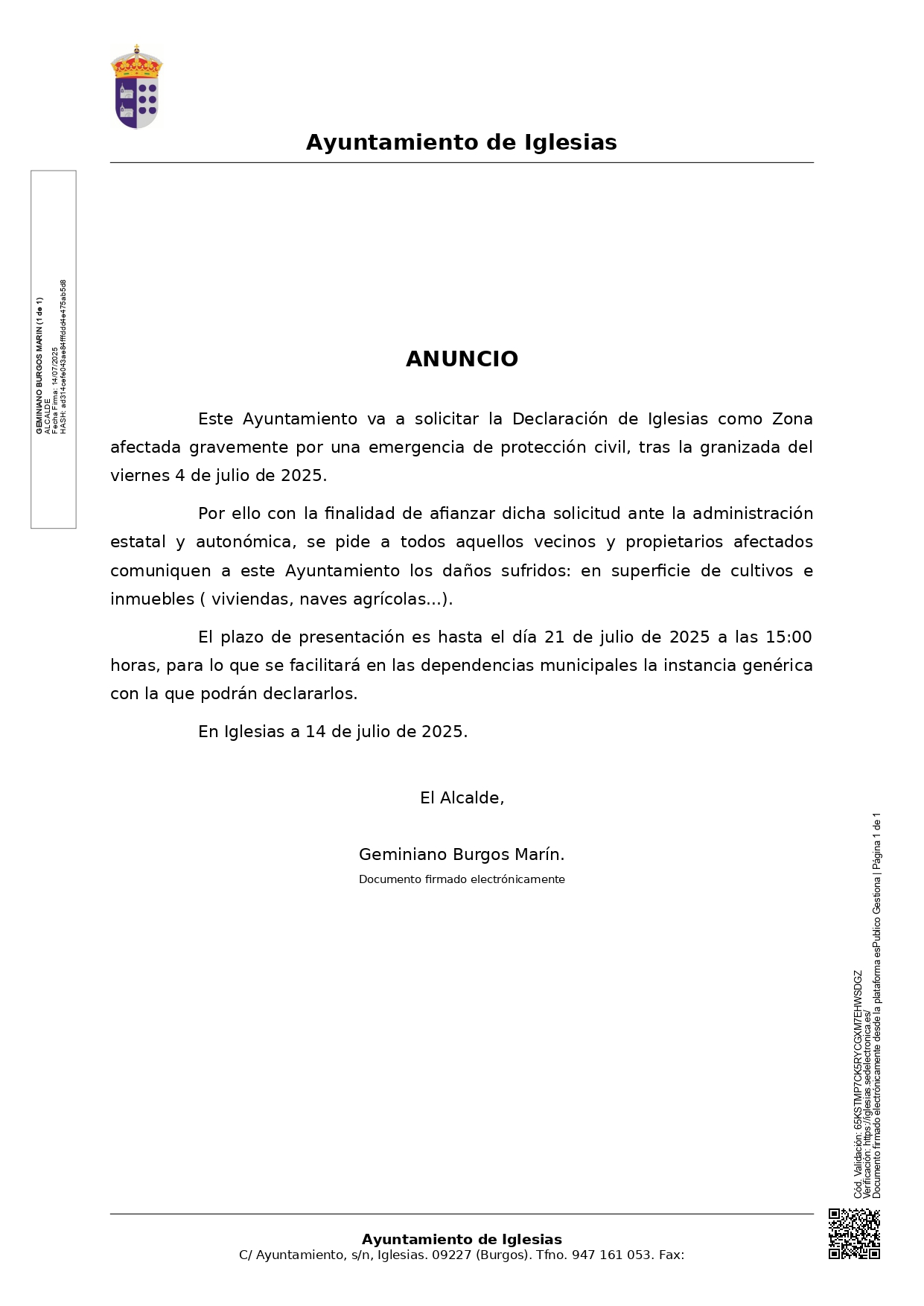Anuncio comunicación daños por la granizada de 4 de julio de 2025
